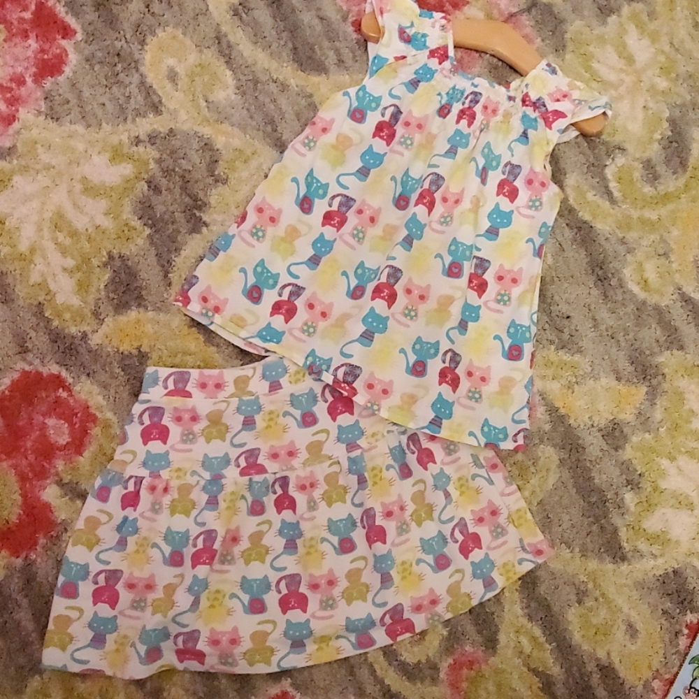 Multicolored cat print top with skirt